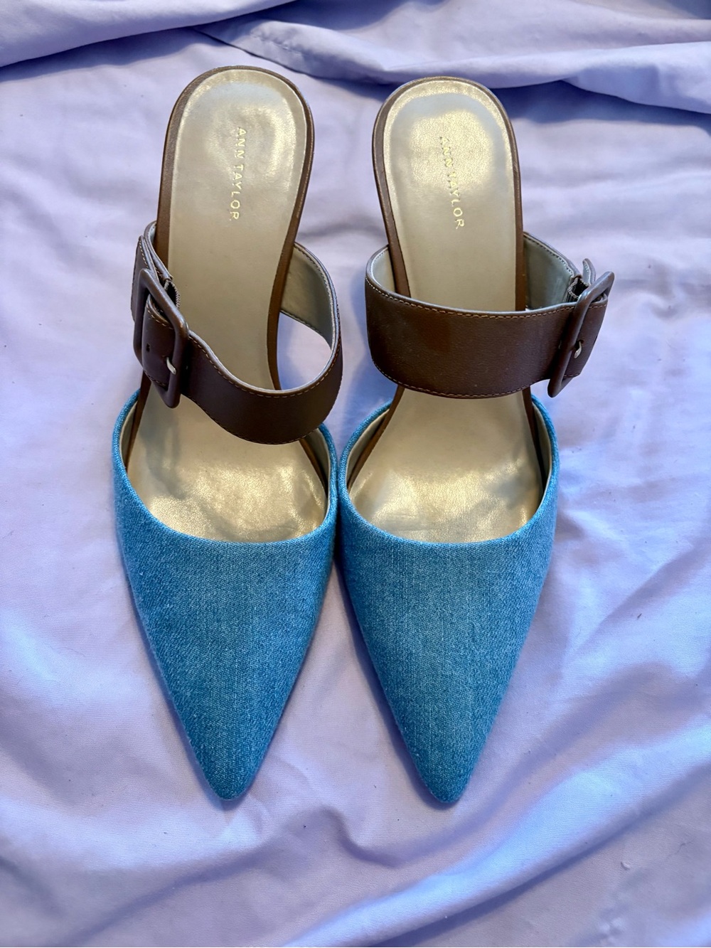 Ann Taylor Denim Pointed Mule with Brown Buckle Strap